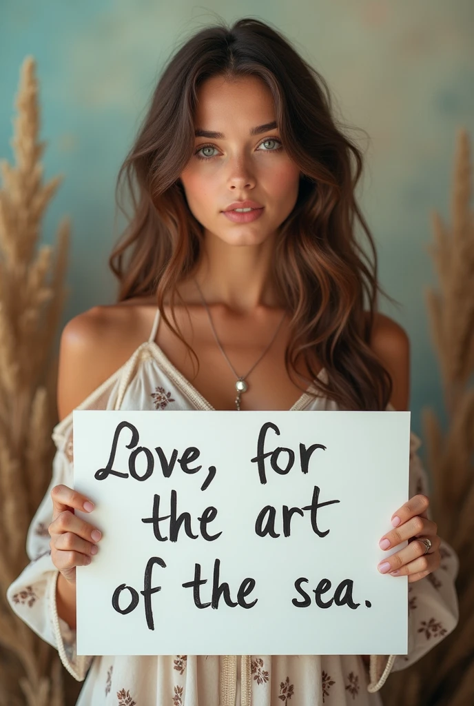Beautiful girl with wavy long hair, bohemian dress, holding a white board with text "I Love Seaart Infinity" and showing it to the viewer