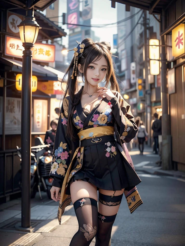 (Full Body View:1.2)、(Side view:1.1)、(Beautiful lips, cheeks and skin:1.4)、(Beautiful:1.4)、(Smiling with teeth showing:1.3),(Shibuya Gal:1.5)、(Gothic Lolita vibe:1.5)、(Black, yellow, magenta, and blue miniskirt courtesan kimono showing cleavage:1.5)、(Delicate depiction:1.4)、(Luxury hair ornaments/hairpin:1.5)、(Short kimono:1.4)、(Make-up like a maiko:1.5)、(Bewitching Woman:1.3)、(Dense kimono:1.4)、(Wearing flashy knee socks:1.2)、(The underwear has an embroidered pattern:1.4)、40 years old、(Dance vigorously:1.3)、((Highest quality、8k、masterpiece:1.3))、1 Female、Slim and beautiful abs:1.3、(hairstyle casual、Beautiful boobs:1.1)、dress:1.1、Super small face、Narrow eyes、double eyelid、A sloppy smile、Esbian all over body、Dynamic Angle、Close-up、CPL Filter、Blurred Background、Bokeh、Blue Hour、Detailed face and skin texture、Detailed eyes、double eyelid,(Twin tails:1.3)、(Brown-golden hair:1.3)、Gravure idol、(The background is a gorgeous Meiji-era town:1.3)、(Thin body:1.2),(Thin thighs:1.5),(clavicle:1.1)