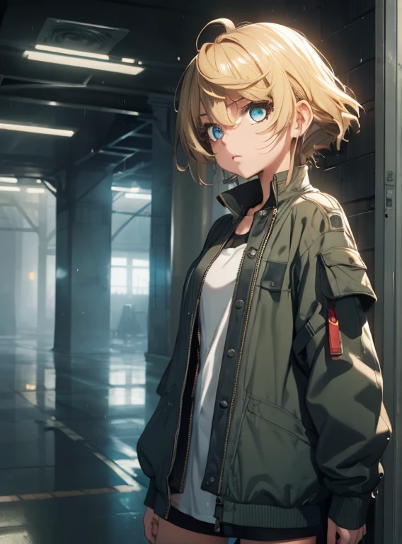 ((masterpiece , best quality)), close-up shot, ((( 1 girl ))), brown hair, cool looking woman, short hair, tomboy, mature woman, expressive eyes, heterochromaia eyes , (perfect female proportions), (very large breasts), long legs, skinny legs, slim hips, off shoulder jacket, tank top, tomboy, milfication, mature female, casual clothes, the loneliest girl, artistic, rainy day, wet, golden hour, rain, sad, Serenity, Anime art , Luminism, Focus on Woman, chaotic, High Creative, Dynamic, informative, High detailing, cinematic light