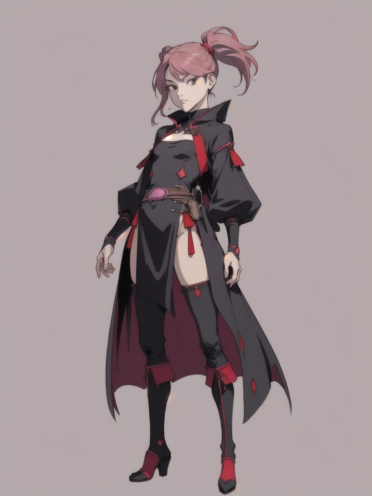 (masterpiece), (best quality),(portrait),1girl,solo,(sharp focus),(look at viewer), sazanami, two side up,red pink hair, flat chest, full body view,ancient long clothes,black outfit,rogue outfit,old school fantasy art,((simple background)),(gray background),
