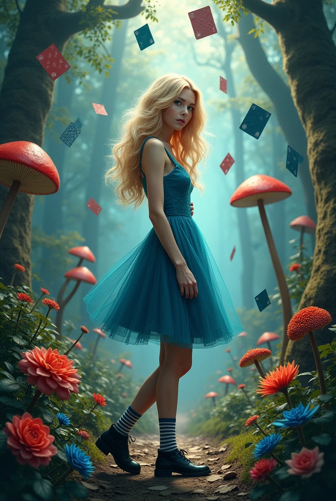 A movie poster,  com uma  de cabelos loiros e olhos blue, turned back, wearing a blue dress, striped socks and black shoes, in a forest with giant mushrooms and red flowers, blue, roses and etc..
Also several playing cards falling from above
