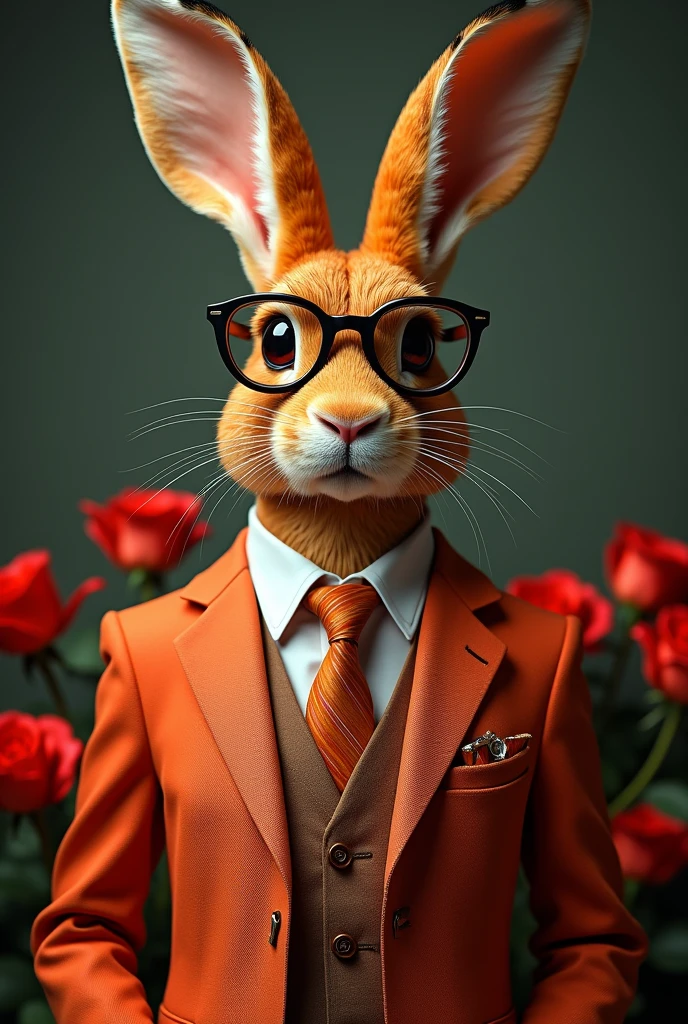 Orange hare that looks like an aviator with his suit and aviator glasses with a theme of Santa Rosa de Lima from Peru and his red roses, so that all of that is in his suit, not as a background