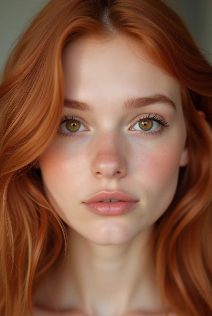 Face of a young woman, Brown eyes, copper colored hair, flat skin
