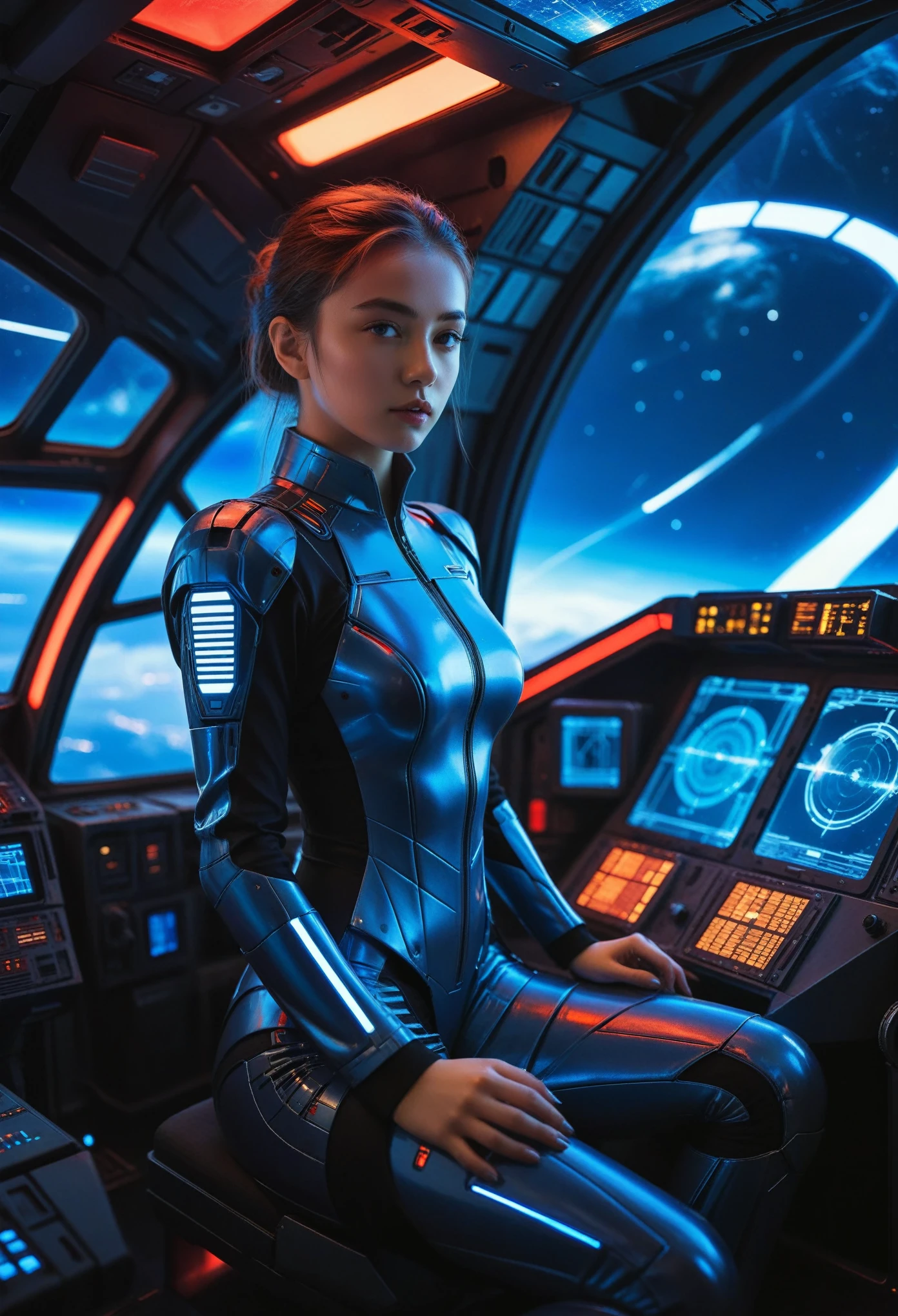 a beautiful 18-year-old girl, graceful expression, sitting in the cockpit of a spaceship, mechanical engineering background, holographic map black and blue and white and red color scheme, highly detailed, masterpiece, photorealistic,8k,hyper detailed, cinematic lighting, dramatic lighting, dramatic pose, dramatic atmosphere, intricate details, sharp focus, vibrant colors, volumetric lighting, cinematic composition, dramatic sci-fi atmosphere, vibrant colors, digital art, highly detailed, photorealistic, award winning concept art, Yaiba, toned thighs, futuristic erotic and sexy suit,