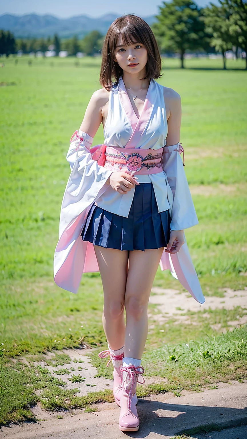 (8k、RAW Photos、Highest quality、masterpiece:1.2)、(Realistic、Realistic)、1 girl、((Long-sleeved kimono、white、pink、navy blue、Shoulder visible、Breast enlargement、boots、ribbon、garden、Thin legs、mini skirt、whole body、View from the front、Looking into the camera、Stand with hands on hips))、cute