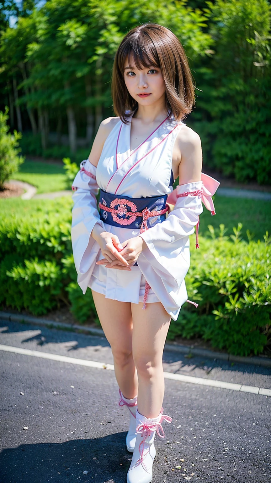 (8k、RAW Photos、Highest quality、masterpiece:1.2)、(Realistic、Realistic)、1 girl、((Long-sleeved kimono、white、pink、navy blue、Shoulder visible、Breast enlargement、boots、ribbon、garden、Thin legs、mini skirt、whole body、View from the front、Looking into the camera、Stand with hands on hips))、cute