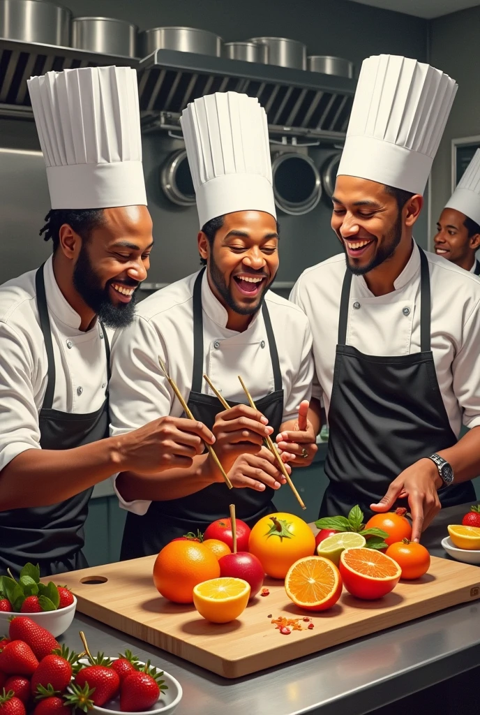 Chefs cheers and laughing in kitchen painting different fruits on the board with writing Chef Okaka Francis