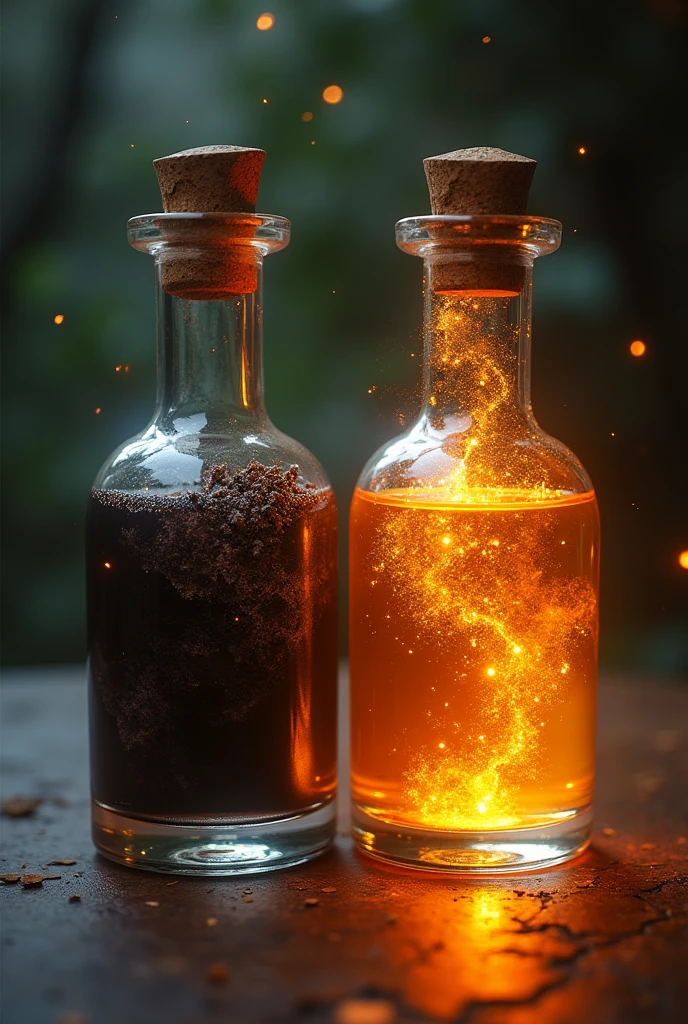 A Potion with a Smoky black with swirling, ashen particles suspended within & Another potion with a Radiant, golden-orange, almost like liquid sunshine





