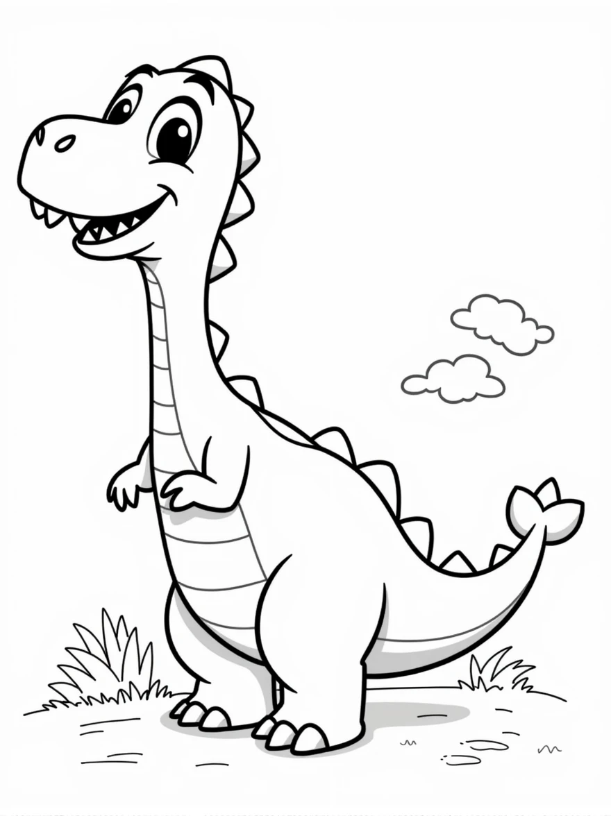 b&w lineart dinosaur disney style happy, minimalist style, park background, full body, picture, coloring book style on white background, well composed, clean coloring book page, No dither, no gradient, strong outline, No fill, No solids, vector illustration