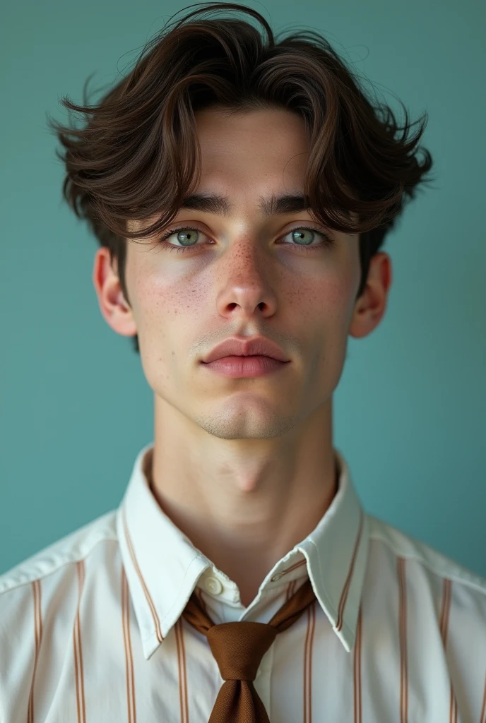 (photorealism:1.2), man, twenty years old, gray eyes, uncut wavy hair, brown hair, pale skin, weak post-acne on the cheeks, straight thin nose, plump lower lip, almond-shaped deep-set eyes, thick straight eyebrows, high forehead, high cheekbone
Clothing: white shirt with copper stripes, art tie
Parameters: portrait, blue-green background, front light
Posture: chin up, relaxed face,