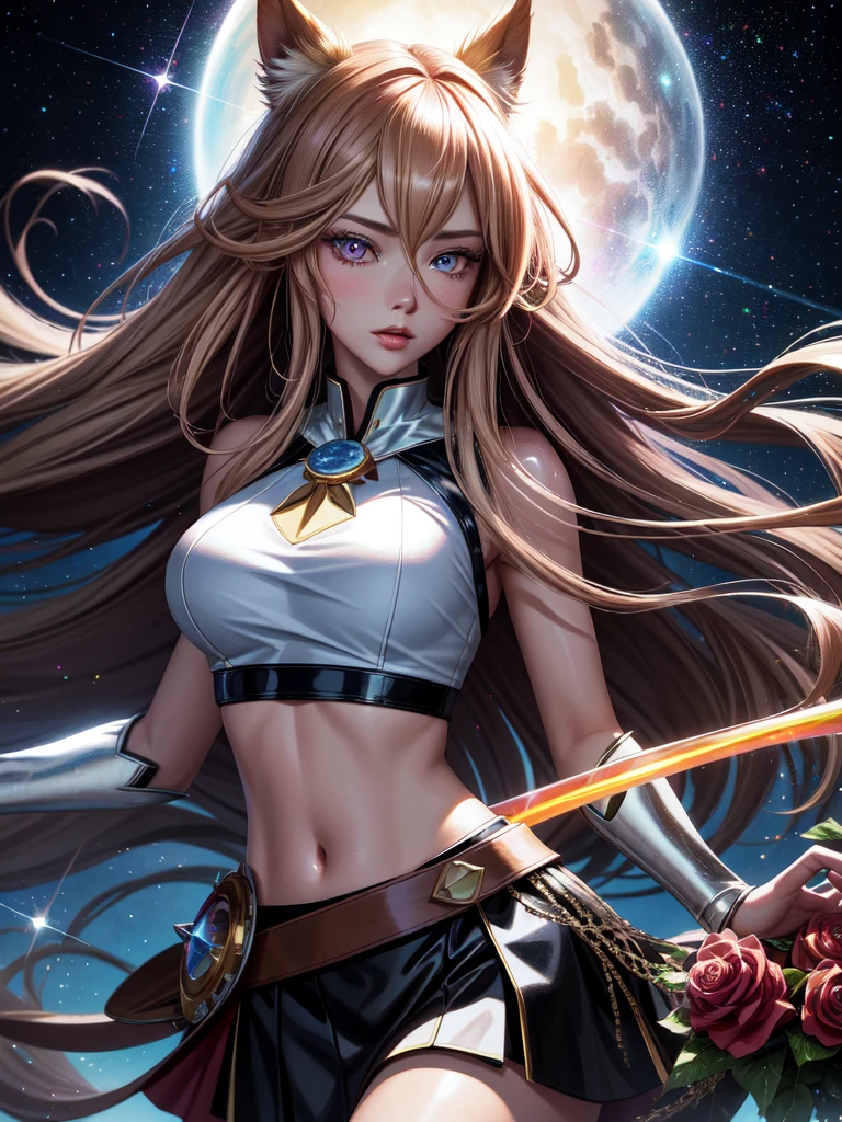 realistic, AMBER HEARD, Raphtalia ,The Resing of Them Shield Hero,holographic hair, heterochromic eyes, bright eyes, holo crop top, holo skirt, split lips, blush, night, white roses, pastels, glitter