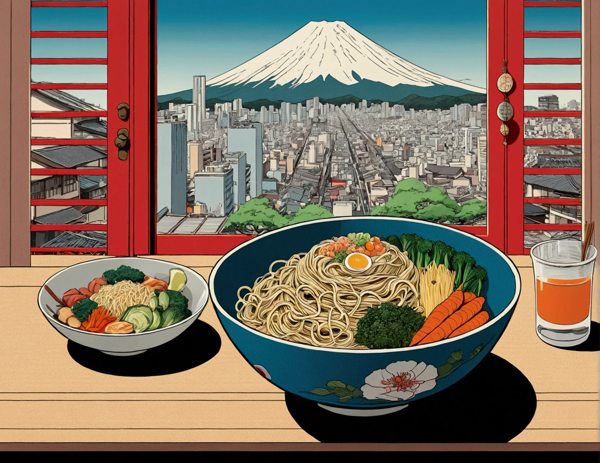 There is a bowl of noodles and vegetables on the table, Inspired by Hanbei Yoshida, Japan Inspired Poster, Japanese art style, Japanese cities, Tokyo Mural, Japan Streets, Tokyo Inspired, Japanese Posters, Great food illustrations, Japanese manga style, Inspired by Vikt Ngai, ukiyoe style, Downtown Japan, inspired by Tōshi Yoshida