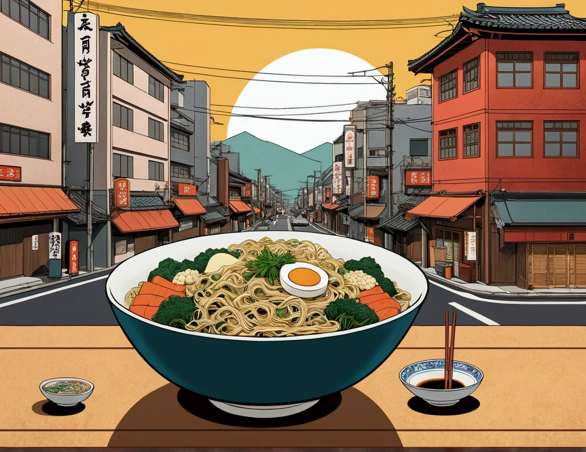 There is a bowl of noodles and vegetables on the table, Inspired by Hanbei Yoshida, Japan Inspired Poster, Japanese art style, Japanese cities, Tokyo Mural, Japan Streets, Tokyo Inspired, Japanese Posters, Great food illustrations, Japanese manga style, Inspired by Vikt Ngai, ukiyoe style, Downtown Japan, inspired by Tōshi Yoshida