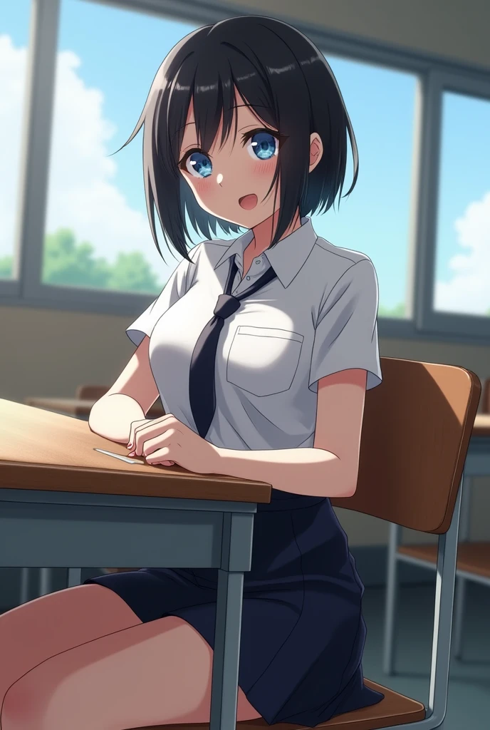 an anime woman with short completely black hair, blue eyes, wearing a skirt and with a very developed body and old woman sitting at a school desk