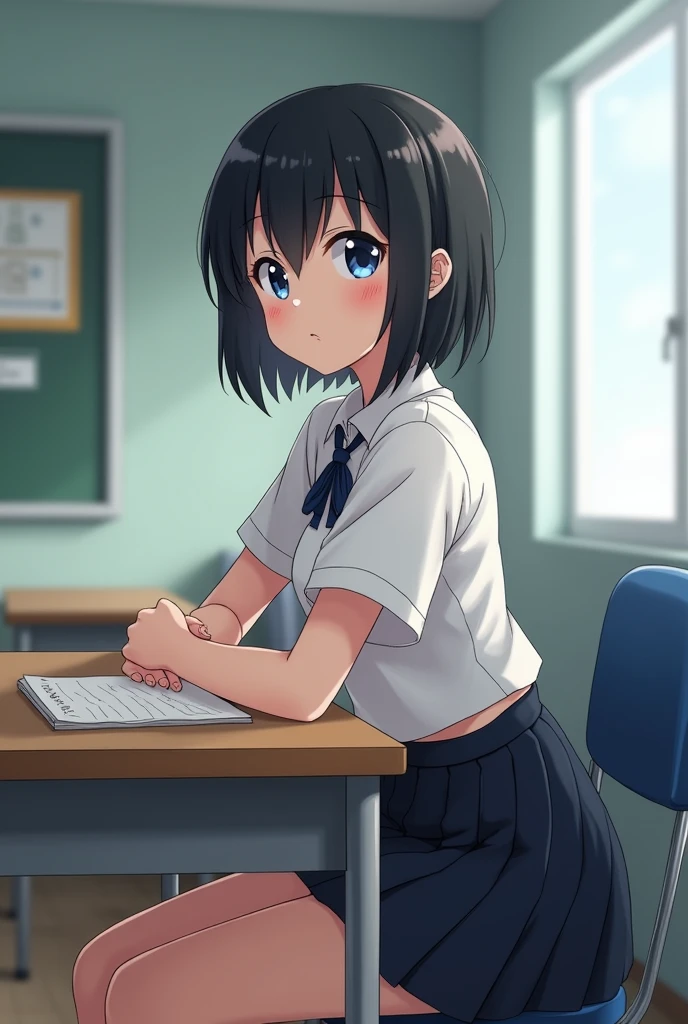 an anime woman with short completely black hair, blue eyes, wearing a skirt and with a very developed body and old woman sitting at a school desk