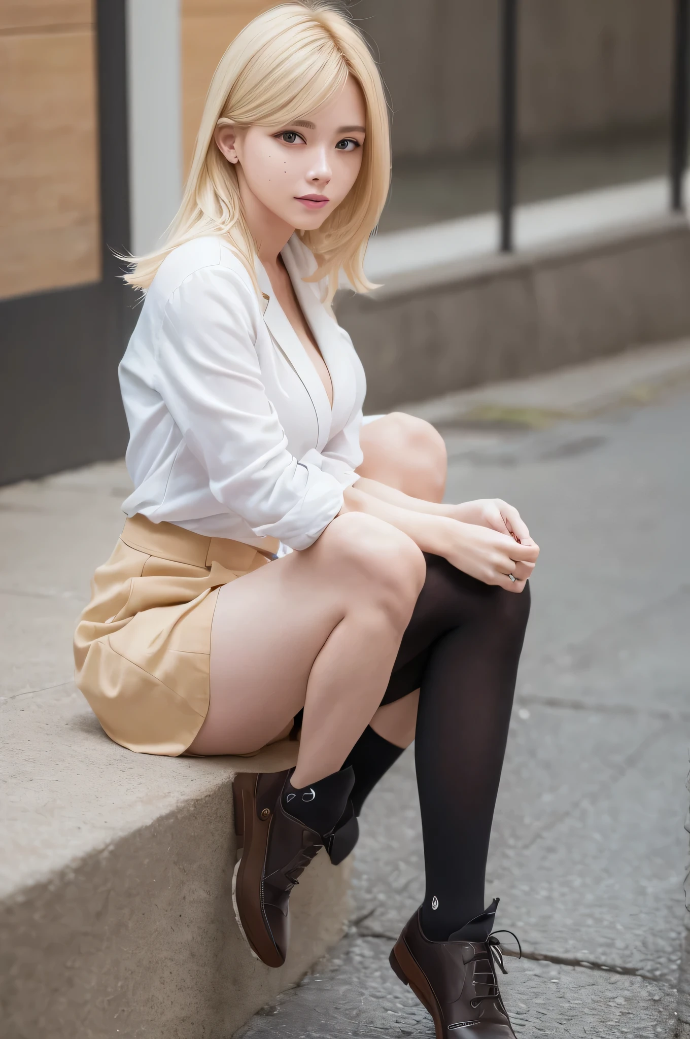 (8k, RAW photo, best quality, masterpiece:1.2), (realistic, photo-realistic:1.4), (extremely detailed 8k wallpaper), American 20 age woman,Ultra-detailed face, Detailed eyes, Double eyelid, school bag,blazer, summer , short skirt, black socks, loafers, full body,date,(random cute hairstyles, Huge breasts :1.2,Hair color is blonde,Tears mole),random poses,random outfit,random clothes color,random smile,(date style),Vibrant movement