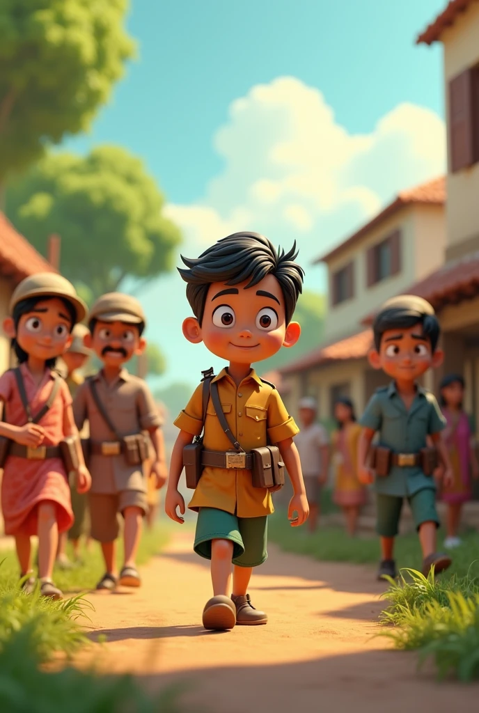 In cinematic 3d cartoon styl,, सैनिक गाँव में आते हैं और सभी युवकों को युद्ध के लिए ले जाते हैं। किसान का बेटा अपनी टूटी टांग के कारण बच जाता है। गाँव वाले खुश हैं और किसान शांत है।