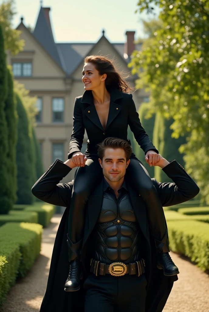 create a hd image of Bruce wayne lifted Selina Kyle on his shoulders at Wayne mansion gree Plain garden wearing dark cloths smiling. I want rober Pattinson Batman and his Selina Kyle on his shoulders
