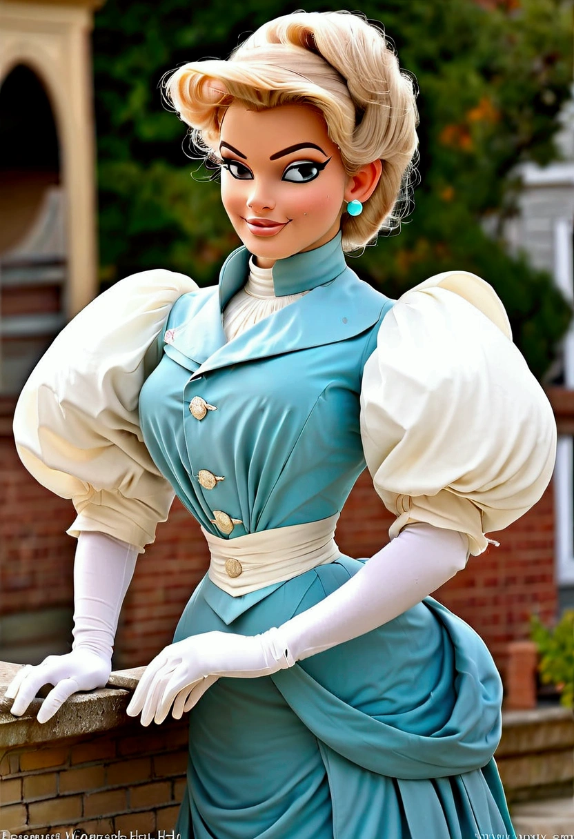 1girl. Humanized Daisy Duck as a hot 15yo Gibson Girl, seducing a horny 69yo gentleman. 1890s fashion. Victorian high-collar turquoise dress with long puff sleeves cuffed into wrist-high white silk gloves. 1890_dr3ss. Strawberry blonde hair. Large bosom, 9-inch wasp waist, big booty. Thicc.