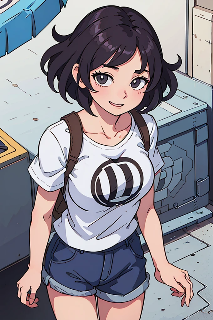 (Highest quality:0.8) Perfect anime illustration, cute, Happy woman with short curly brown hair on a city street, Oversized logo t-shirt,Nylon shorts,Large Breasts, stroll