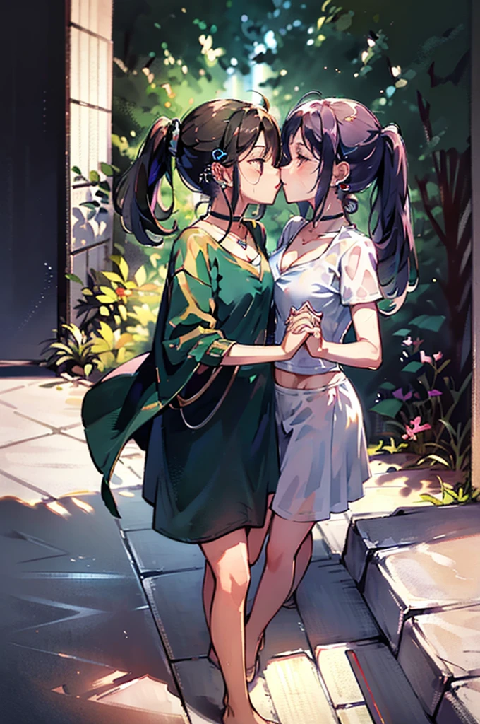 (high detail, high quality, best picture quality, masterpiece), Pale, moya, multiple girls　Bokeh　DOF　from above　at a medium distance　in a rule of thirds composition　Two cute Girls　Night sea　moon　moonlit sea　dark　Backlight　(The girl on the right is short and has a medium bust/Blue eyes/brown ponytail)　(The girl on the left is tall and has a large bust/Red eyes/purple hair/princess cut, long hair)　(Facing each other and holding hands)　(Place your other hand around the other persons waist)　(White or floral bikini)　shiny glossy iridescent clothes　shiny glossy latex gradient iridescent bikini　shiny reflective bikini　(((Close Face)))　((Face to Face))　((Kissing Soon))　Face to face　Gazing at each other　((Right before the kiss))　On the brink of kissing　Embarrassed expression　Blushing　Half-Closed Eyes　Wet body　(Choker or pendant)　(Earrings or pierced earrings)　Alternating Breast Size　Bouncing Breasts　Dangling Breasts　