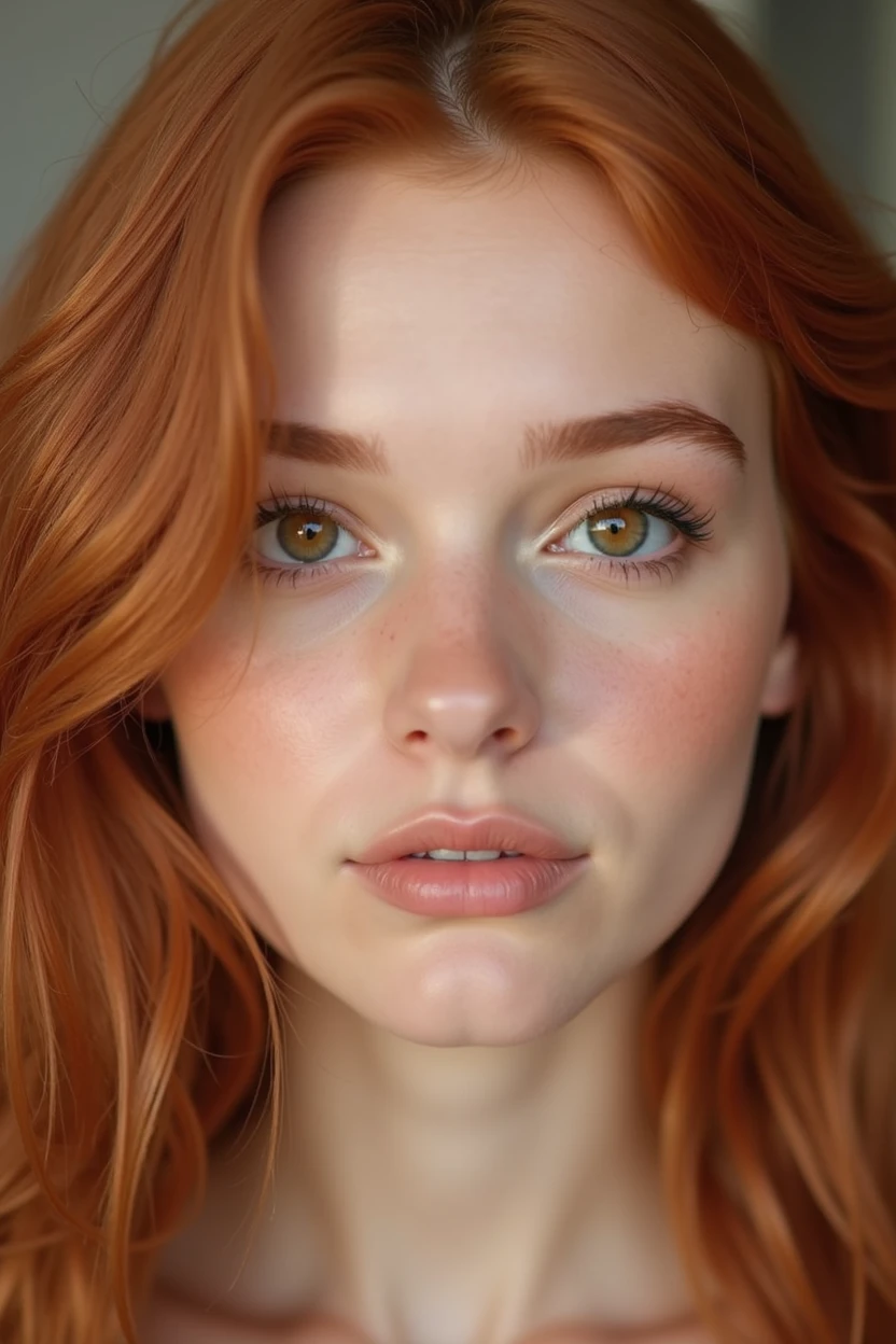 Face of a young woman, Brown eyes, copper colored hair, flat skin
