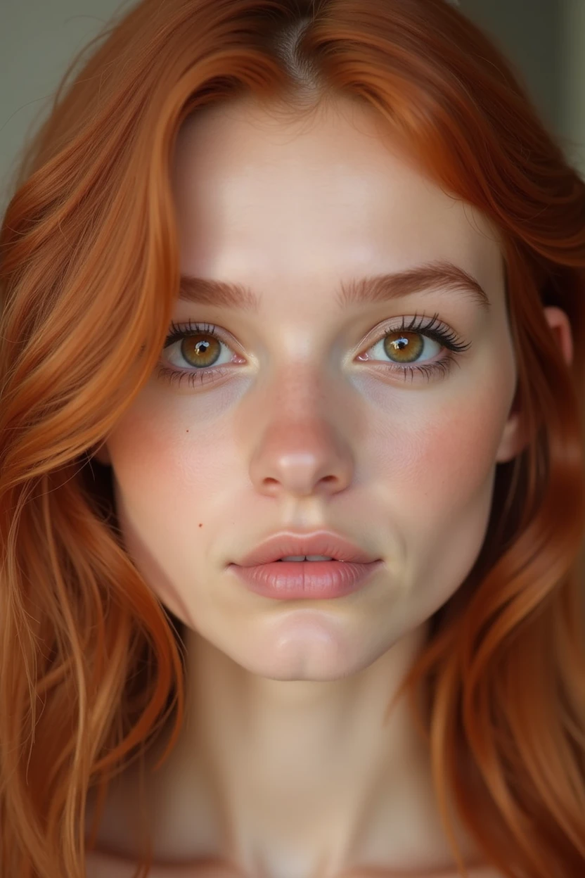 Face of a young woman, Brown eyes, copper colored hair, flat skin