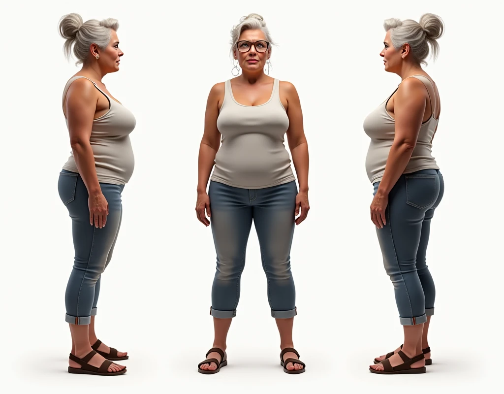 reference image, multiple views, full body, 55-year-old female, 55yo, 55 years old, pretty older female, slim fit thick pretty female, side view, front view, profile view, frontal view, hyperrealism, photorealistic, fantasy