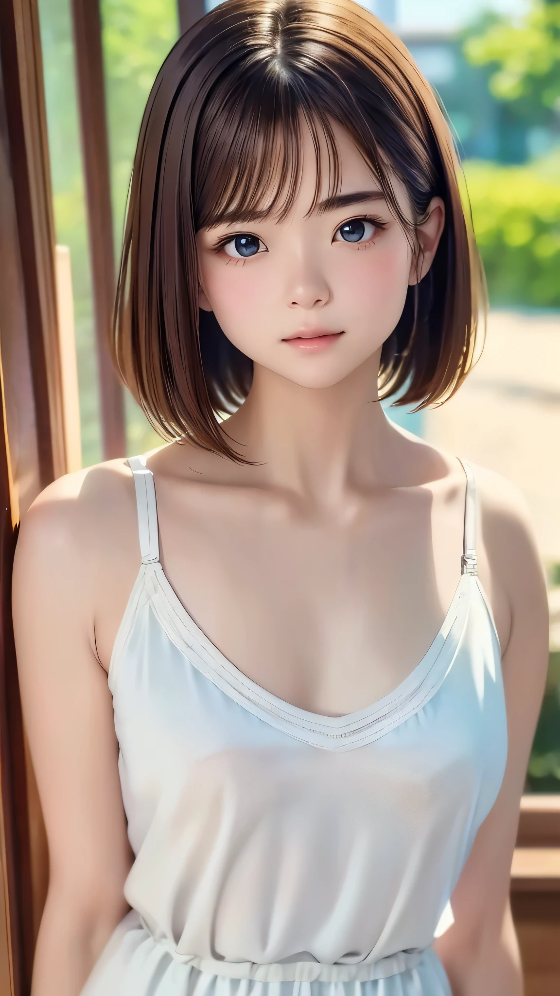 Highest quality、masterpiece、Tabletop、RAW Photos、Film Grain、High resolution、Very detailed、break、One Woman、************、Cute Face、Brown Hair、Straight hair、Short Bob:1.37、White camisole、Light blueＴshirt、Small breasts、break、Outdoor、Summer Park、erupt