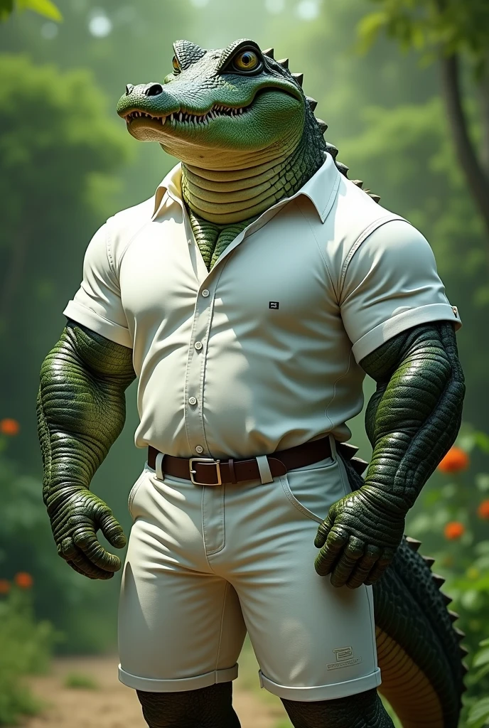 (best quality,4K,8K,high resolution,masterpiece:1.2),Extremely detailed,Practical:1.37,Huge muscular furry crocodile in a white shirt,White shorts,Green alligator,Button-down shirts,Collared shirt,Shorts with pockets,Fierce expression,Focused gaze,Sharp Teeth,Long Tail,Scaly texture,Lush green garden background,A firm stance,Strong arms,Muscle bulge,Vibrant colors,Clear focus,Natural Lighting,Physically Based Rendering,Bokeh,portrait,biology,animal,Art style