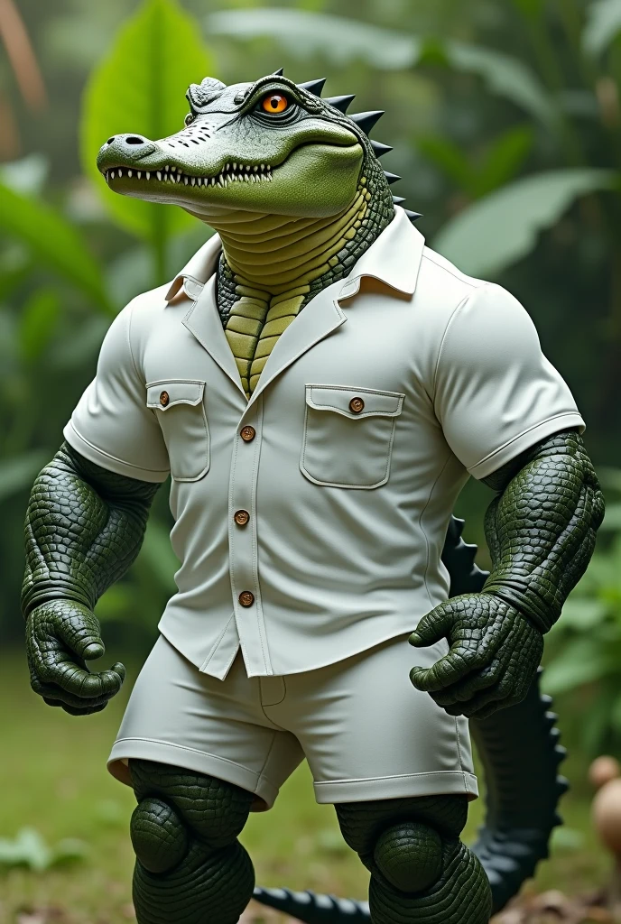 (best quality,4K,8K,high resolution,masterpiece:1.2),Extremely detailed,Practical:1.37,Huge muscular furry crocodile in a white shirt,White shorts,Green alligator,Button-down shirts,Collared shirt,Shorts with pockets,Fierce expression,Focused gaze,Sharp Teeth,Long Tail,Scaly texture,Lush green garden background,A firm stance,Strong arms,Muscle bulge,Vibrant colors,Clear focus,Natural Lighting,Physically Based Rendering,Bokeh,portrait,biology,animal,Art style