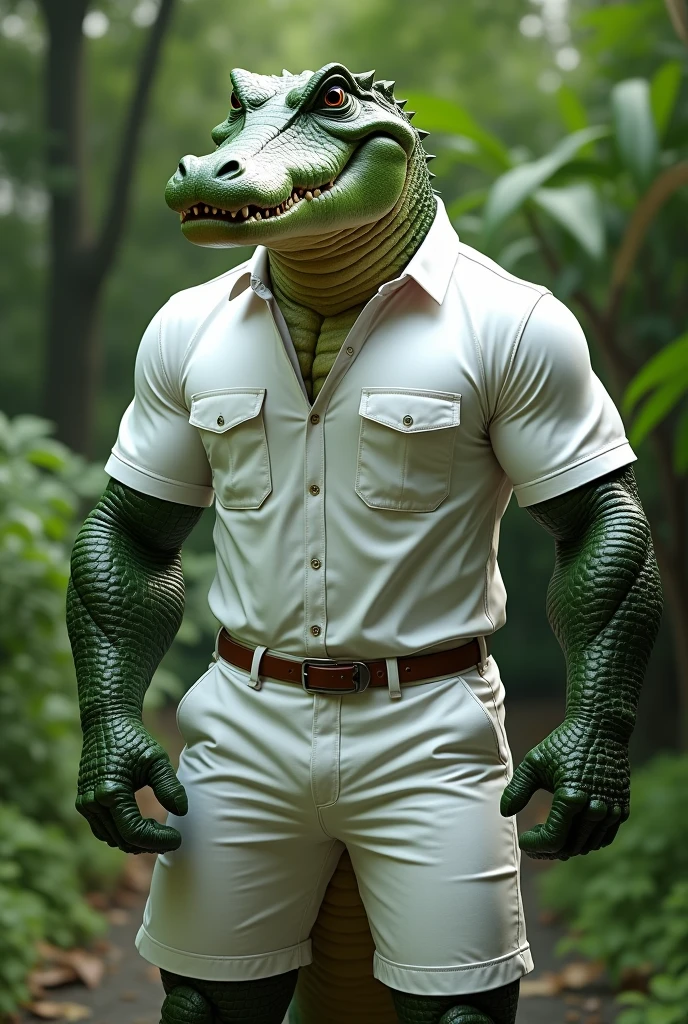 (best quality,4K,8K,high resolution,masterpiece:1.2),Extremely detailed,Practical:1.37,Huge muscular furry crocodile in a white shirt,White shorts,Green alligator,Button-down shirts,Collared shirt,Shorts with pockets,Fierce expression,Focused gaze,Sharp Teeth,Long Tail,Scaly texture,Lush green garden background,A firm stance,Strong arms,Muscle bulge,Vibrant colors,Clear focus,Natural Lighting,Physically Based Rendering,Bokeh,portrait,biology,animal,Art style