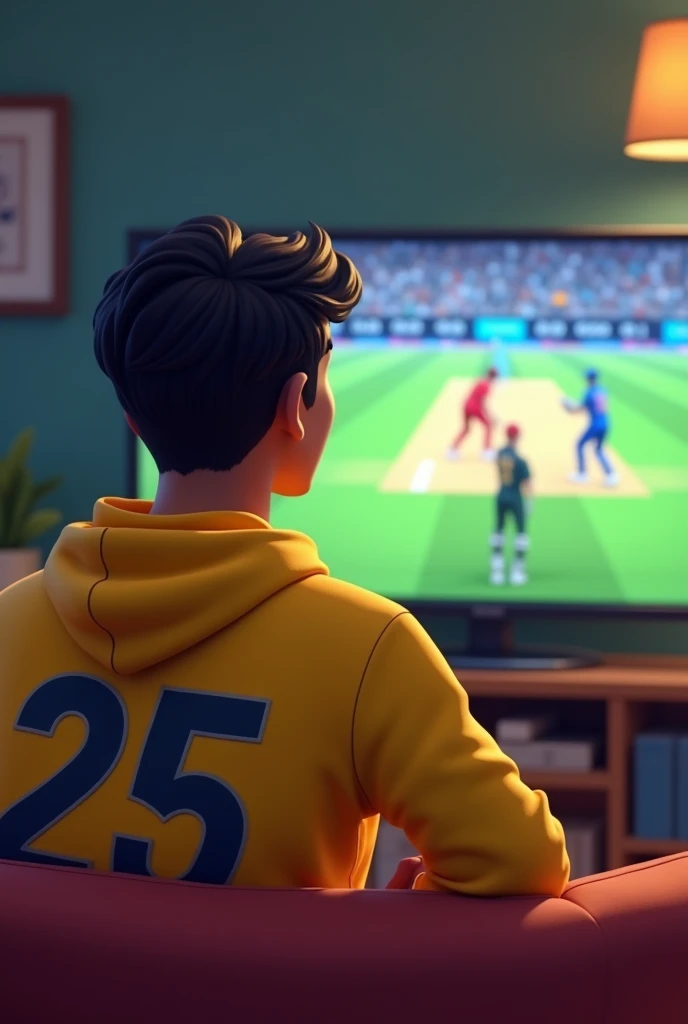 Image cricket watching in televisnion young men men name Satyam jersey number 25 yellow hoodie side face good looking without weared