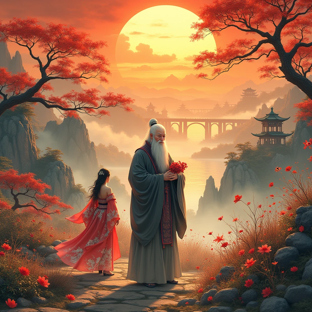sunset unparalleled Paint a work in the traditional Chinese ink painting style with an emphasis on gold, scarlet, navy. Among them should be insane depicted a wise man with gray hair and long hair and sharp eyes of pink color. This sage should be a man with many hands and fingers and multiple faces.sunset, there is a female in a red and white flowers holding a bouquet, woman in flowers, picking flowers, holding flowers, picking up a flower, woman standing in flower field, woman standing in a flower field, flowers on heir cheeks, woman in a flower field, portrait of woman in flower field walking in forest, woman with a flower head. ((extremely wide shot:1.15)), a ultrarealistic on a bridge looking at a city in the distance in the background, ((back view)), ((full body)), magnificent scene, detailed environment, highly detailed environment deep path Equirectangular garden (((insane UnrealEngine5,top Masterpiece,ultra highdef, insane Professional Photorealistic,optimal ultra sharp-focus,max,ultra high-quality,opengl-shaders,symmetrical,ultra high-details,accurate reflex,ultra highres, perfection volumetric,Cinematic_Sunlight,improved Octane_render,XT3,DSLR,3dcg shadow, analogiques, extatiques, high saturate, reflection))) dazzling Will-o'-the-wisp,global luminescence, --v 6 --s 1000 --c 20 --q 500 --chaos 100