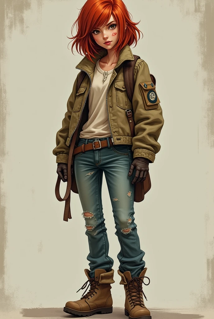 she is a slim 23 year old girl, shoulder-length red hair, with a scar on her chin. She is always dressed in jeans, a leather jacket and old canvas boots