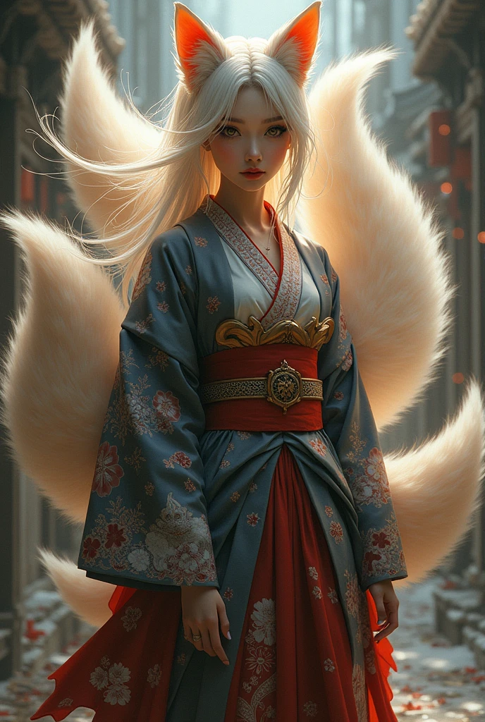 Dressed in traditional Japanese kimono、9つの尾を持つ美しい女性のリアルでdetailedな絵画、Fantastic Japan Yokai、Exquisite fox spirit、Delicate facial features、Sharp Eye、Flowing Hair、Intricate kimono patterns、Bright colors、Dramatic lighting、Fantasy、Art Station、Concept Art、detailed、Sharp focus、High resolution、8k、Photorealistic