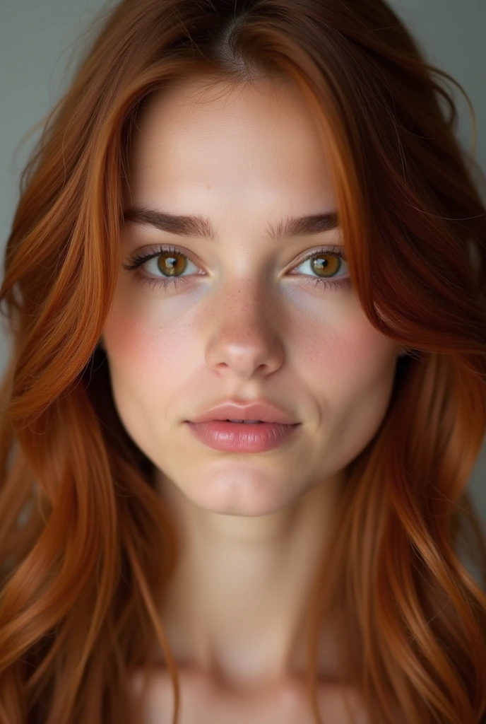 Face of a young woman, dark brown eyes, copper colored hair, flat skin