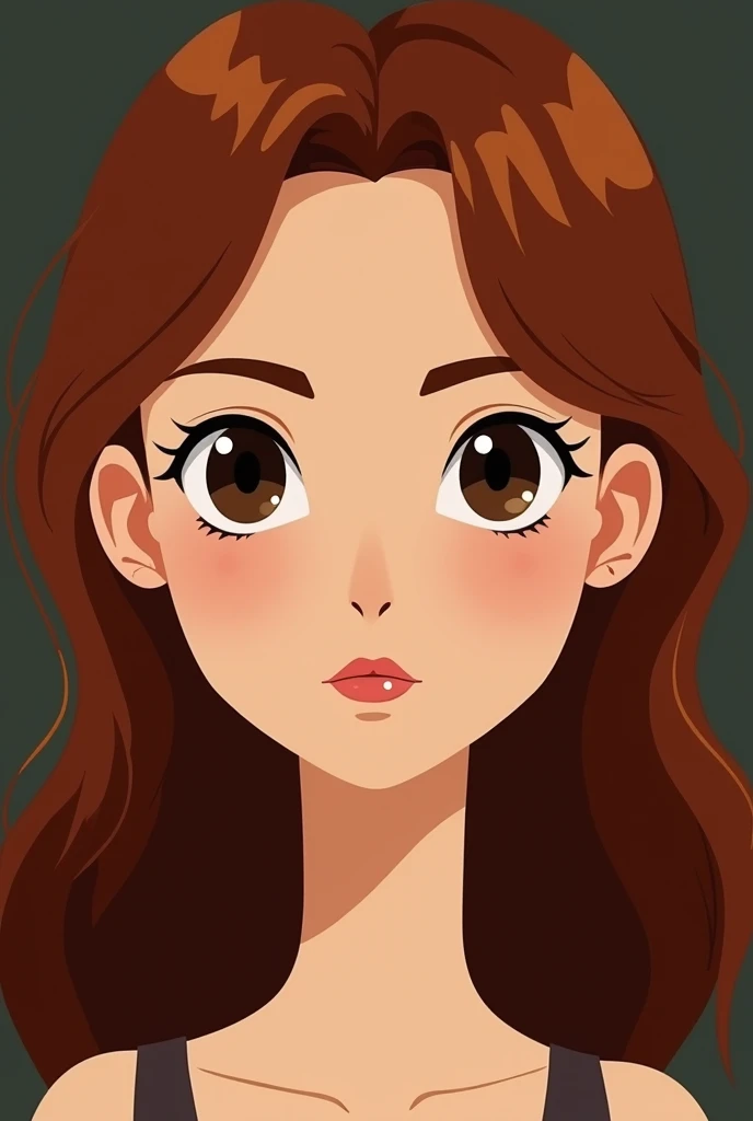 Face of a young woman, dark brown eyes, copper colored hair, flat skin