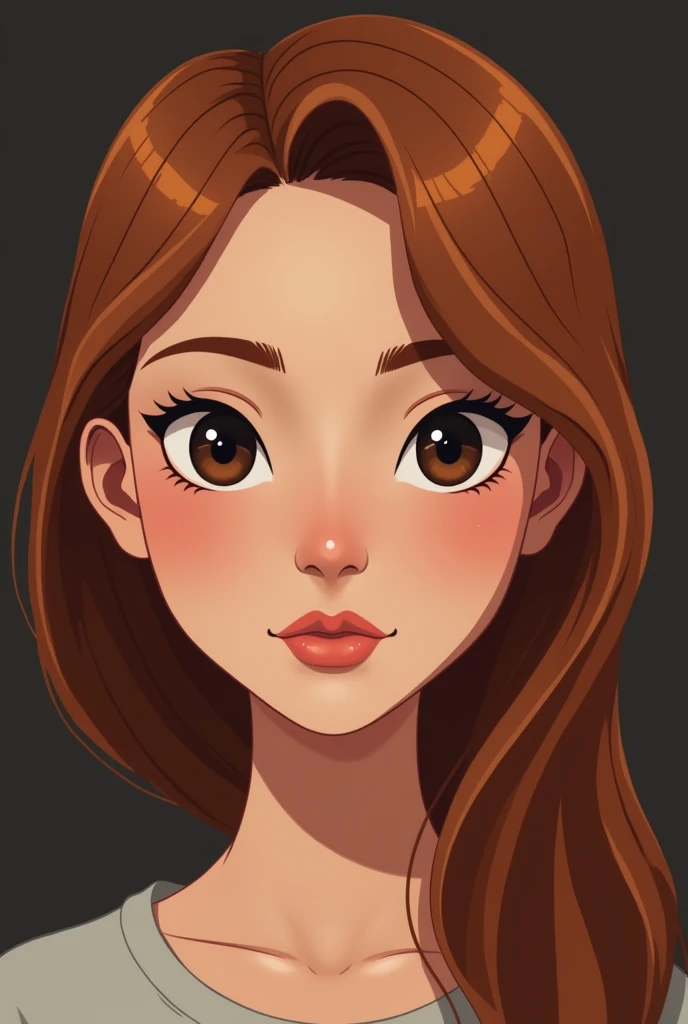 Face of a young woman, dark brown eyes, copper colored hair, flat skin