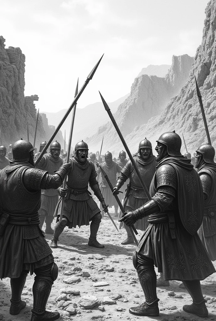 Civil war of the 11 tribes of Israel against the tribe of Benjamin in engraving form.