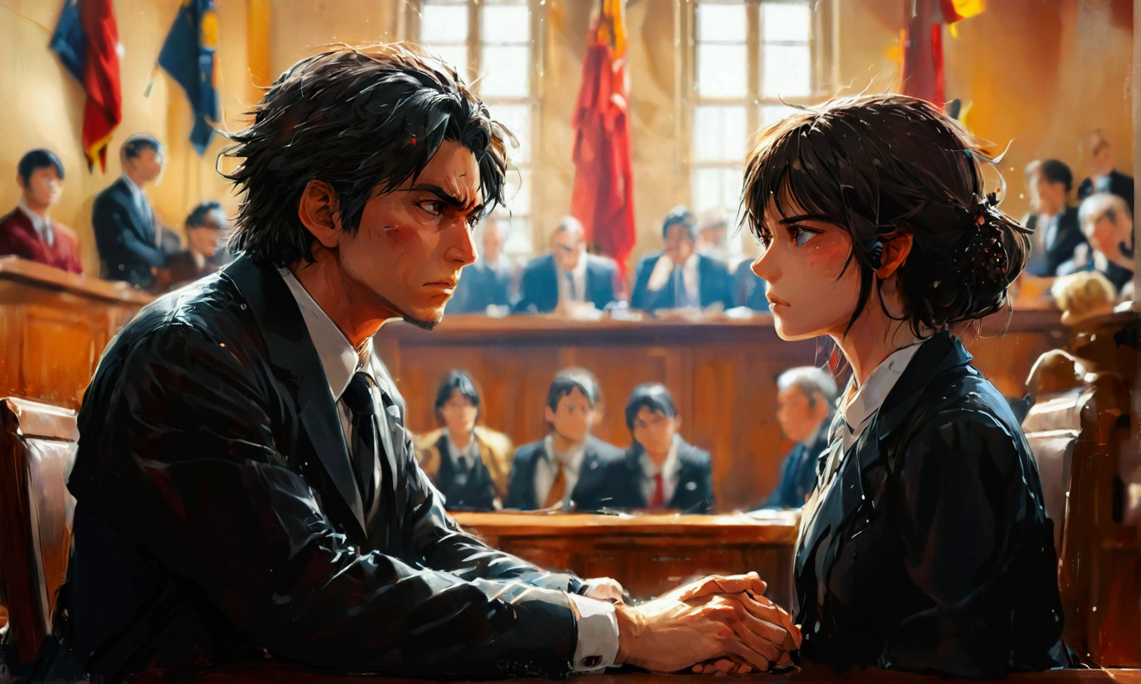 two  courtroom looking at each other, anger, court of justice,manga style art,manga style art,manga style art,manga style art,manga style art,manga style art,8k,8k,8k