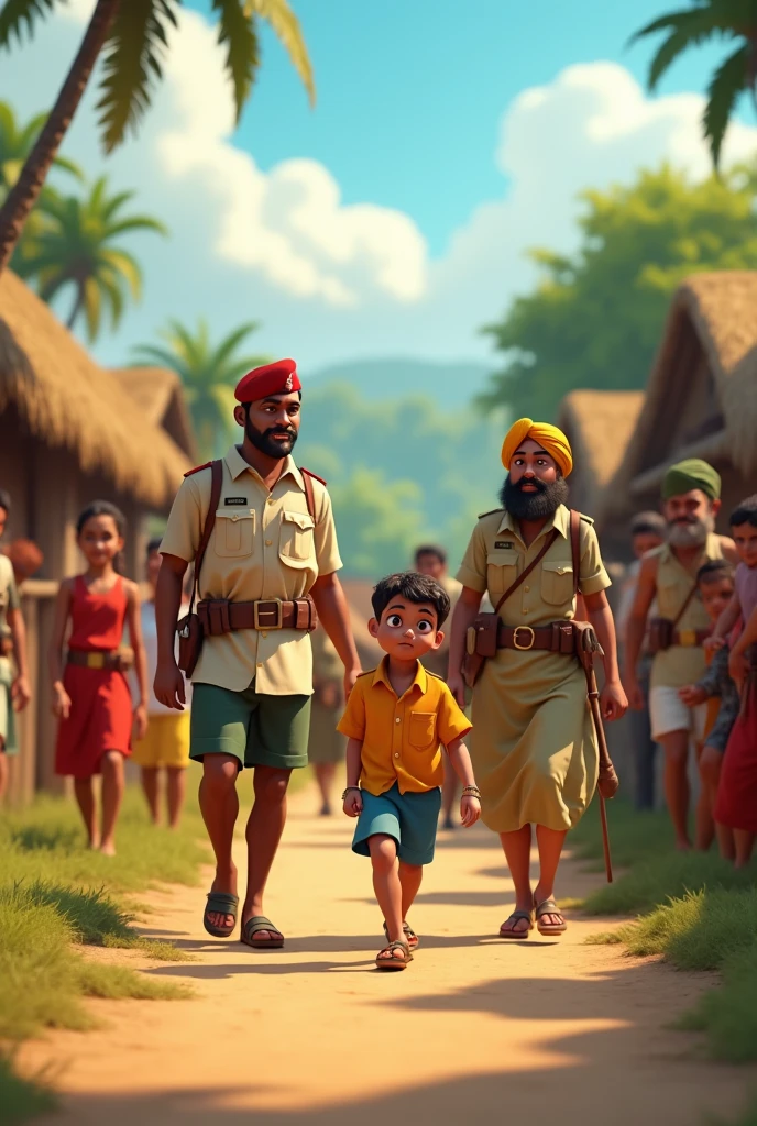 In cinematic 3d cartoon styl,, सैनिक गाँव में आते हैं और सभी युवकों को युद्ध के लिए ले जाते हैं। किसान का बेटा अपनी टूटी टांग के कारण बच जाता है। गाँव वाले खुश हैं और किसान शांत है।