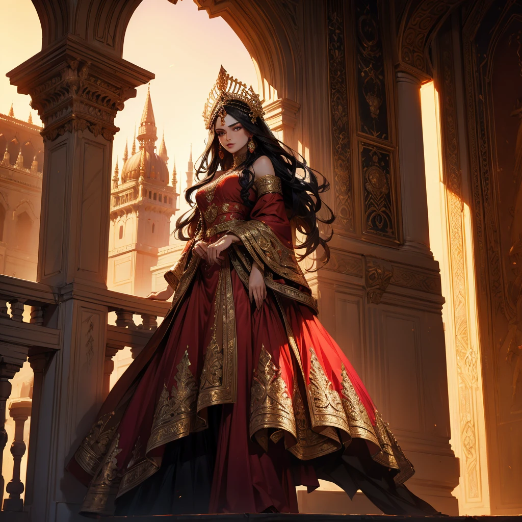a beautiful Persian princess wearing a fully red sharara, long wavy black hair, standing on a palace balcony, white skin, 8k, ultra-detailed, photorealistic, dramatic lighting, cinematic composition, warm colors, ornate architecture, intricate details