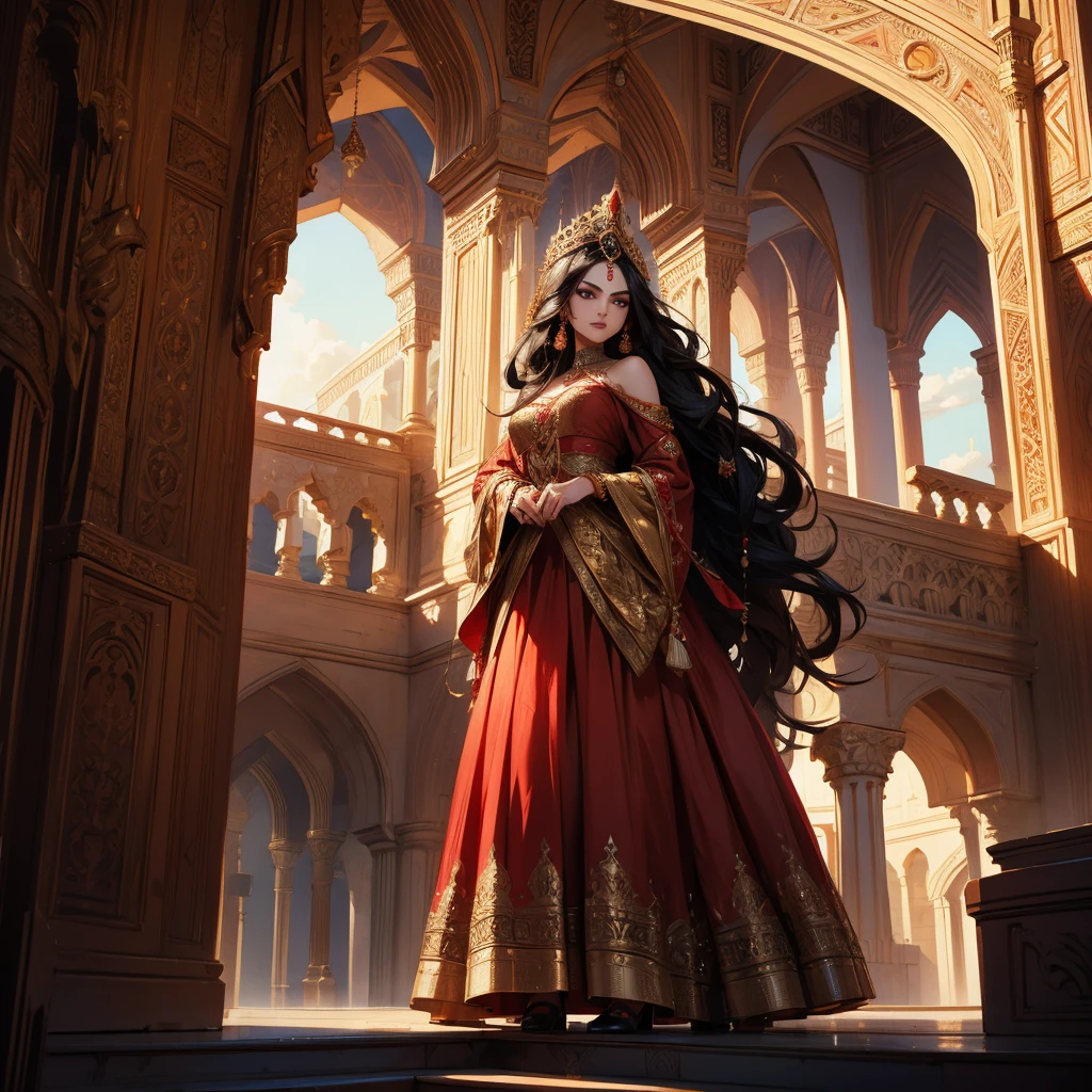 a beautiful Persian princess wearing a fully red sharara, long wavy black hair, standing on a palace balcony, white skin, 8k, ultra-detailed, photorealistic, dramatic lighting, cinematic composition, warm colors, ornate architecture, intricate details