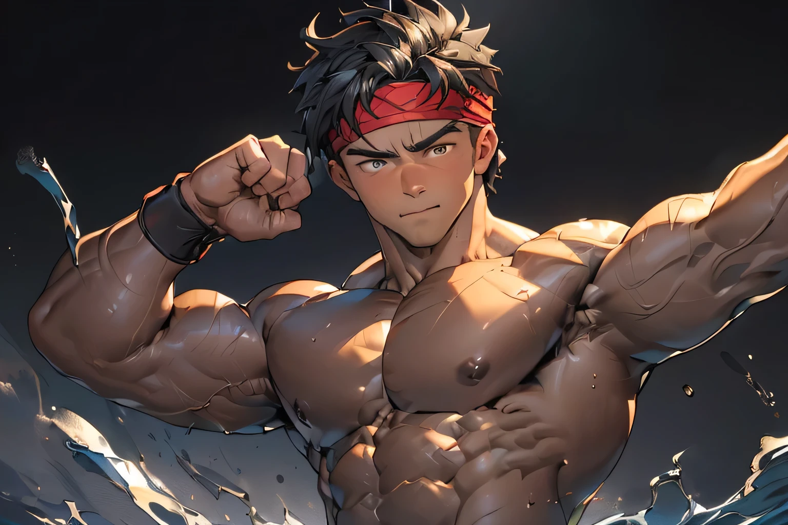 ((masterpiece, best quality)), (((((Black Background, Dark night, (Depth of field:1.2), male focus, upper body, front shot:1.2))))), (19 year old boy, warm eyes, Young handsome guy, muscler, Shirtless, topless), ((((1boy, solo, tough, reliable, developed body, Perfect Body Beauty)))), (Dark Short straight hair, ((almost completely shaved hair)), under cut), (((red headband, black wristband))), Vivid colors, ((big breast:1.2, big shoulder:1.2, muscular body, sturdy body, defined round and fleshy pecs, defined round and fleshy ABS, defined round and fleshy armsmuscular:1.2, well-defined muscles, developed body, toned weist, shouldermuscler:1.2)), muscler!, muscler body, detailed face, detailed muscle, (((rippling muscles, athretic body, (dynamic pose:1.3))))