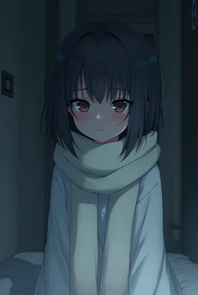 anime kid girl mid hair wearing a long white hospital gown and a scarf her head down without eyes with fear in her eyes with tears flowing down her cheeks 

