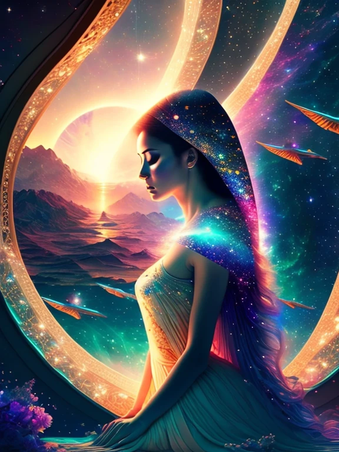 The Cosmic Echoes, Quiet Moments, Quiet Dawn, Space Lady, Exotic Mysteries, Love Beams, Journey Into Love, Cosmic Funk, ((masterpiece:1.2)), digital imaging, Ethereal
