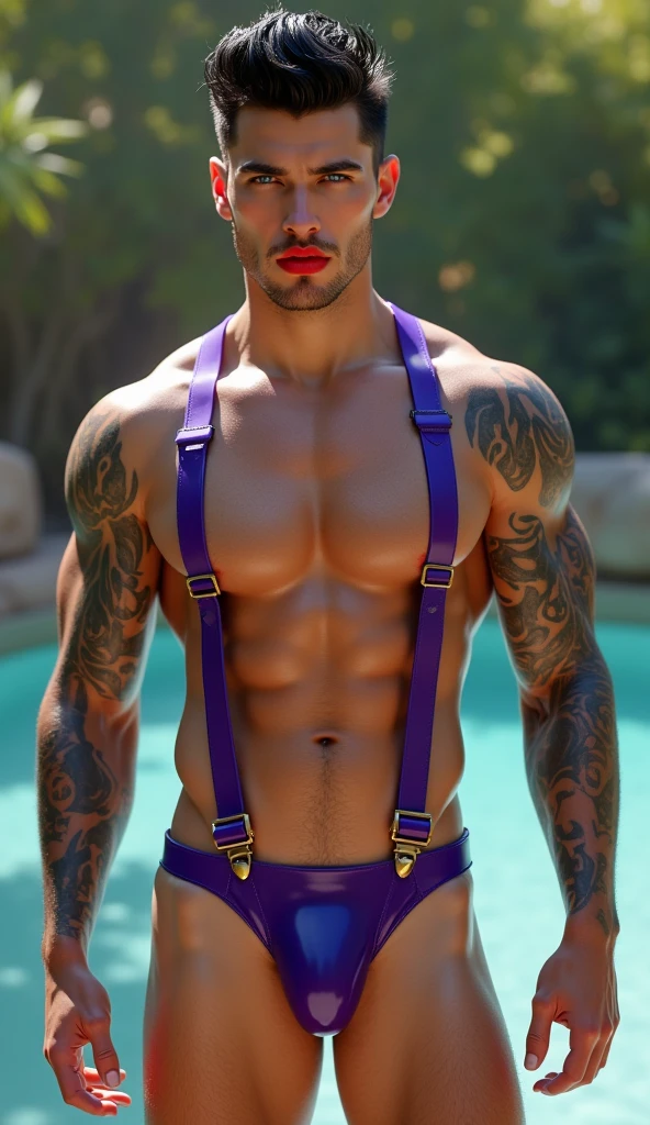 Fullbody standing picture of white skin Handsome  muscular horny nude sexy gay boy wearing sexy shiny latex purple harness, shiny black Disconnected Pompadour hair style, blue eyes, shiny black varnished vinyl shoes, red lip, chain, tattoos, horny, cum shot, sperm, milking penis, big penis, very big testicle, shiny oiled skin, orgasm, oversexed, standing at out door.