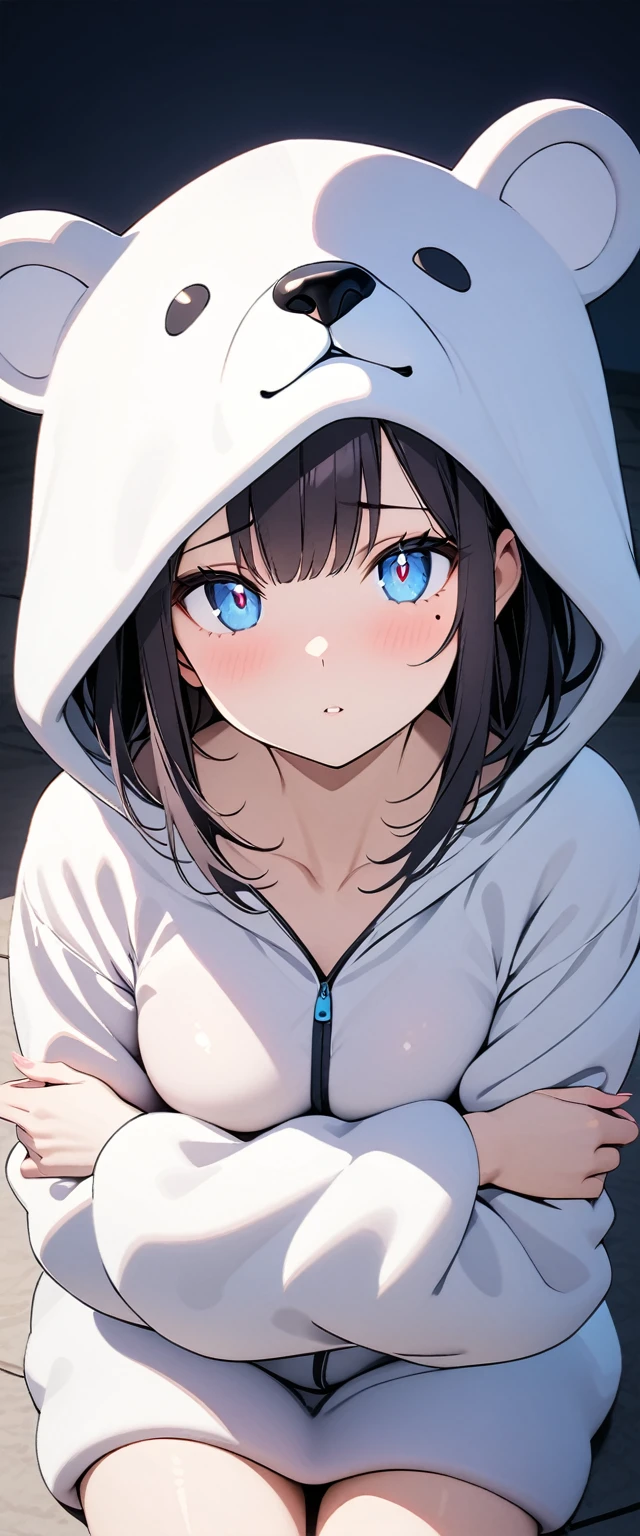 (Highest quality),(masterpiece), 8k,Very detailed, Detailed light, Best Shadow,Detailed reflective eyes, Very detailedな顔,Shiny Hair,(1 girl:1.2),woman,Gloss,Black Hair,Watery eye,Beautiful fingers,Beautiful Hands,whole body,blue eyes,(Medium length hair:1.2),thin,Mole under the eye,Polar bear costume,(Stuffed polar bear:1.2),(大きいStuffed polar bear:1.2),Hug a stuffed animal,