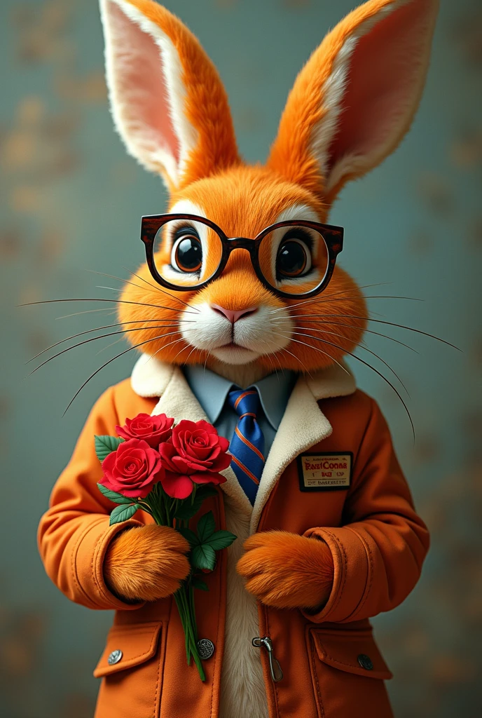 Orange hare that looks like a plane pilot with his glasses with a Santa Rosa de Lima theme from Peru and his red roses, all of that in his plane pilot suit, not as a background